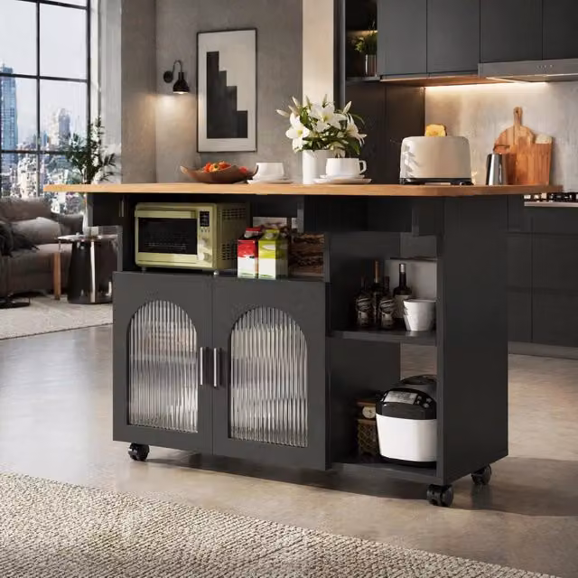 Isola da cucina pieghevole 120 cm con ruote, nero/naturale