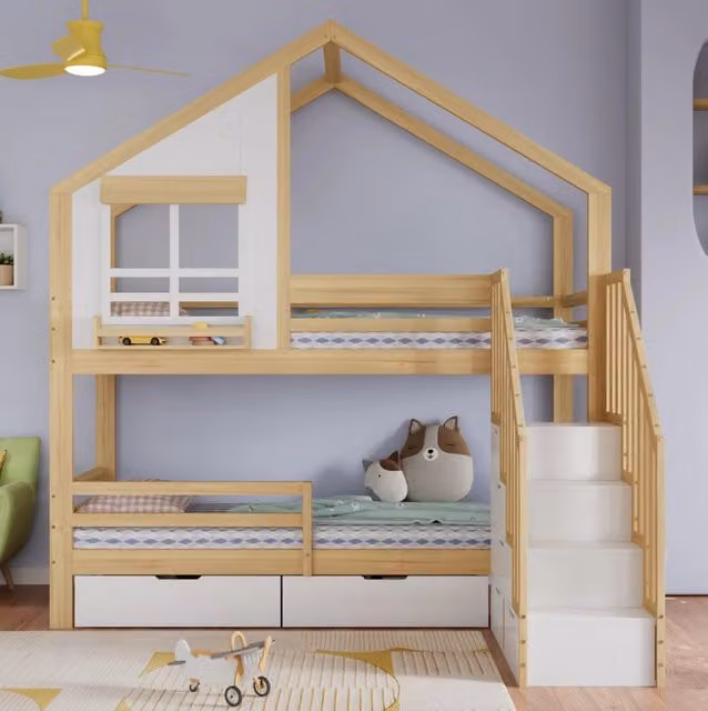 Letto a castello per bambini 90x200 cm con scala contenitore e 2 cassetti bianco naturale HAVRYA