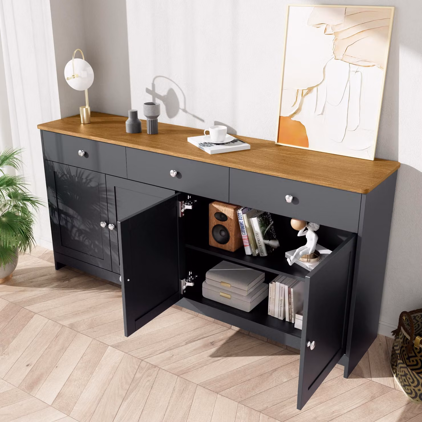 Credenza STILVORA con venature del legno, quattro ante, tre cassetti, stile rustico, per soggiorno o sala da pranzo. Colore legno e grigio-nero