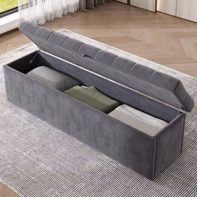 Panca contenitore ULEVR 138x41x42 cm in velluto grigio, panca imbottita per camera da letto