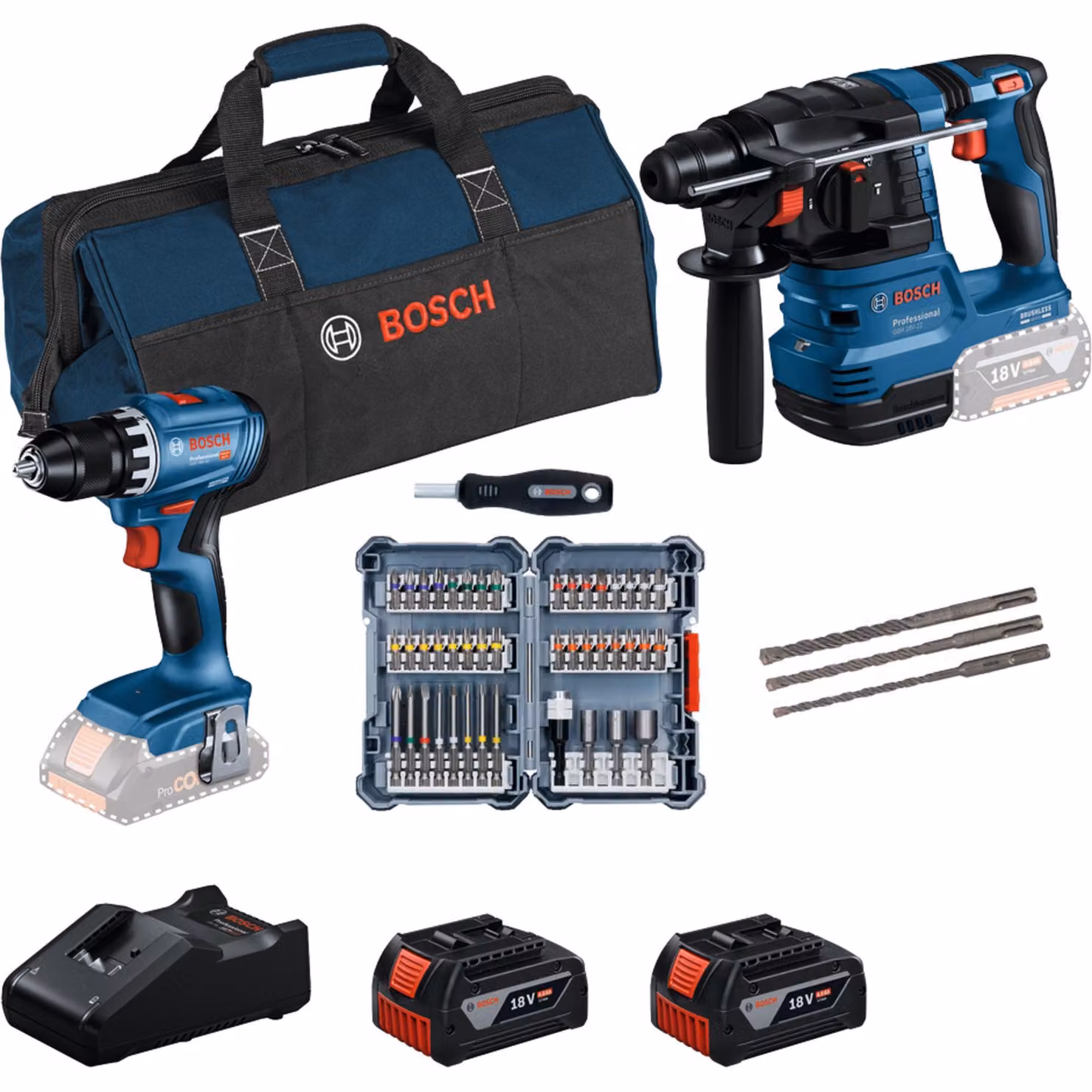 Set professionale Bosch da 18 V (0615V0003D) con GSR 18V-45 + GBH 18V-22 + set di 45 punte + set di 3 trapani a percussione SDS plus-5 + 2 batterie da 4,0 Ah + caricabatterie + borsa