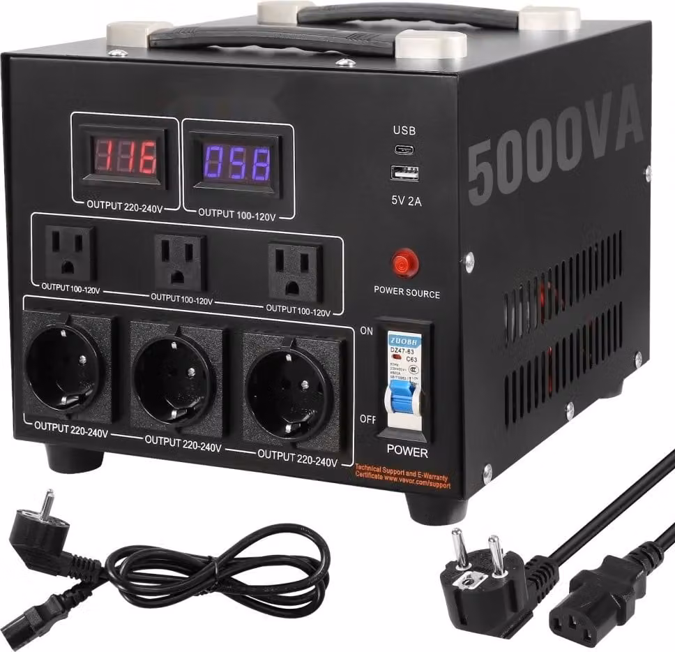 Convertitore di tensione Trasformatore 5000W - AC 110V ⇋ 220V - 3x prese NEMA 5-15R USA - 3x prese Schuko europee - 1x connessione USB 5V - 1x presa di tipo C