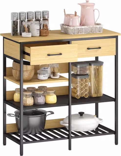 Credenza Mobile Buffet con 2 Cassetti e 3 Ripiani Aperti per Cucina e Soggiorno in Legno Naturale 90 x 40 x 91 cm