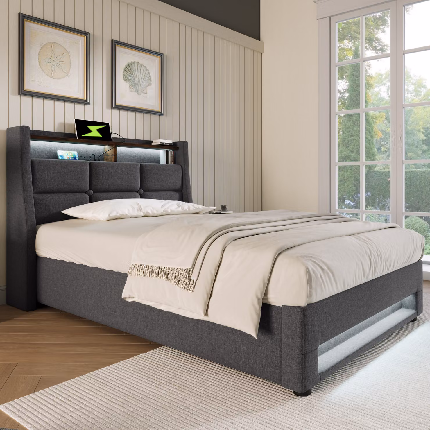MODFU letto a sacco imbottito 90x200cm, box letto singolo idraulico con luce LED e USB (senza materasso), grigio