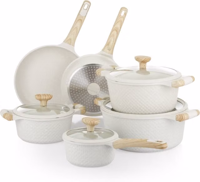 Set di pentole KASANOVA 10 pezzi con rivestimento antiaderente e dettagli in bambù, colore bianco