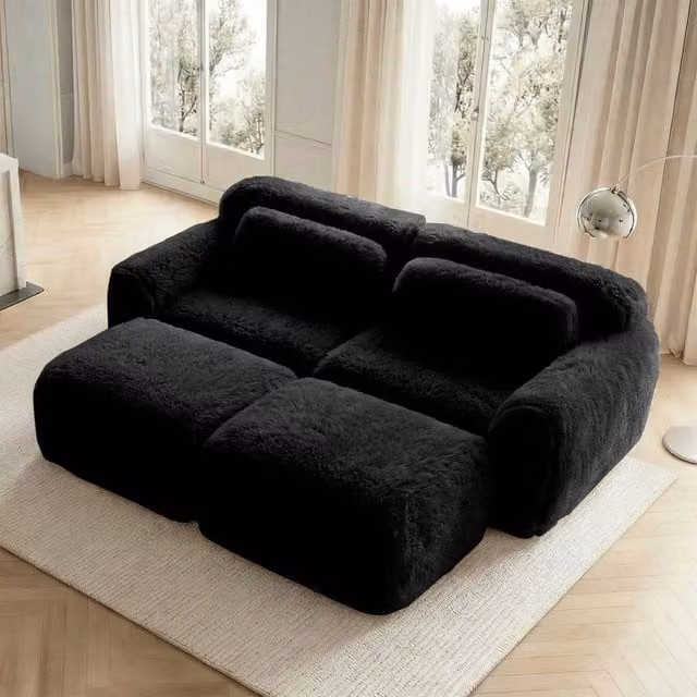 Divano modulare senza telaio con pouf collegabile e seduta ampia per soggiorno senza montaggio in peluche nero