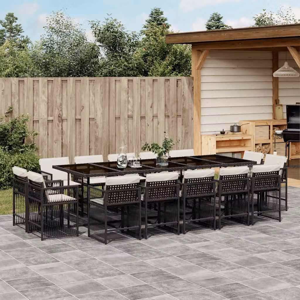 Set da Pranzo da Giardino vidaXL in Polyrattan Nero con Cuscini e Tavolo in Vetro 15 pz – 1