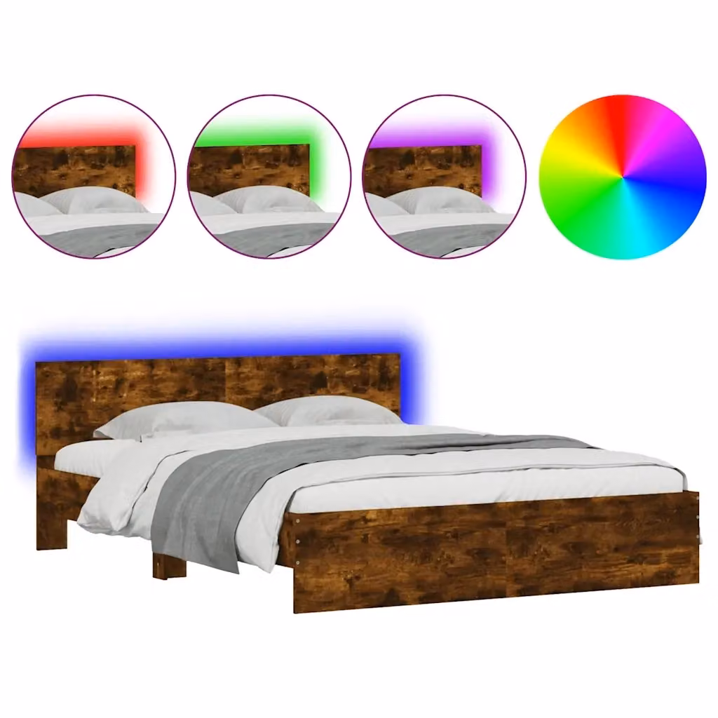 vidaXL Giroletto con Testiera, Illuminazione LED e Porta USB, Rovere Fumo, L/P/H: 203 x 155 x 70 cm – 3