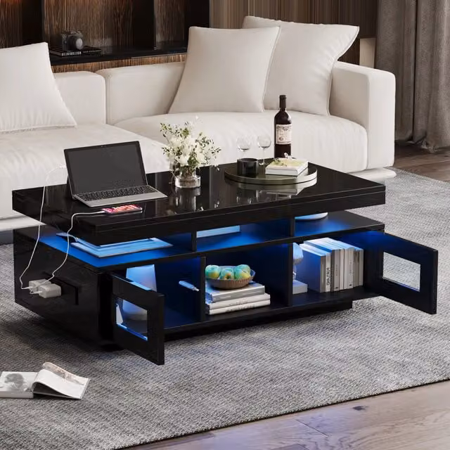 Tavolino da salotto ULEVR 100x50x43 cm nero con LED RGB via app, presa e USB, 2 vani chiusi