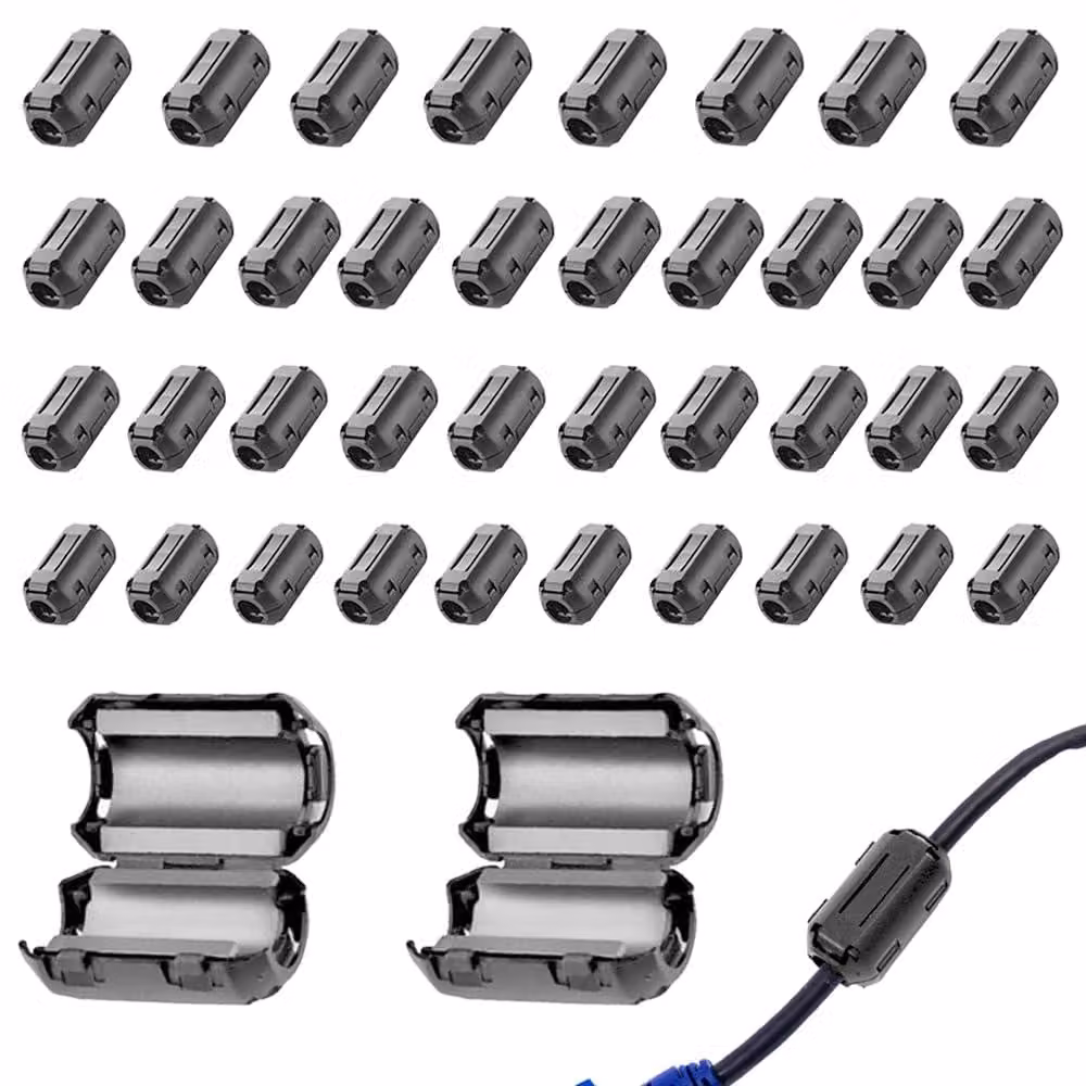 Nuclei ferromagnetici per cavi, confezione da 40 pezzi, dimensioni 3,5/5/7/9 mm, colore nero