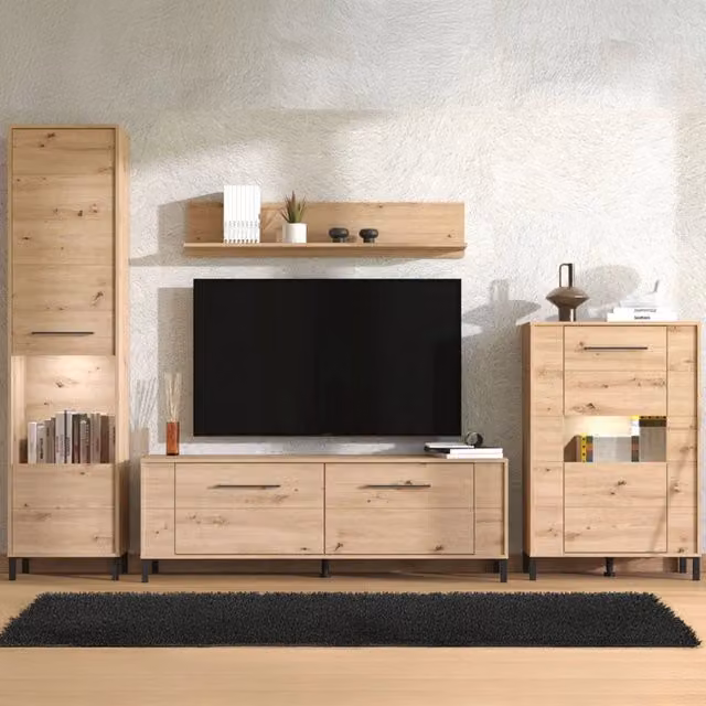 Parete Attrezzata Modulabile Cimbergo DMORA per Soggiorno in Rovere Marrone con Vetrine e Lowboard L: 299 cm, P: 40 cm, H: 192.5 cm