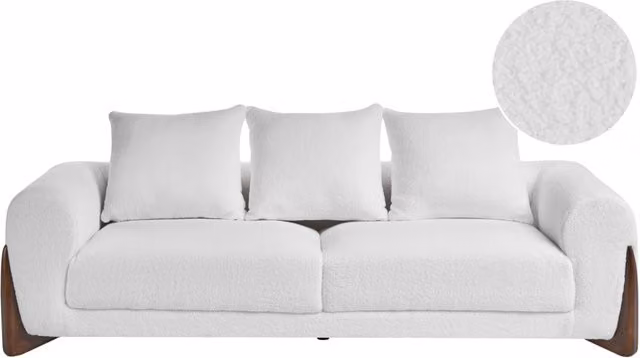Divano a 3 posti BELIANI in tessuto bouclé bianco con gambe in legno e cuscini inclusi per soggiorno in stile moderno L: 180 cm, P: 87 cm, H: 62 cm