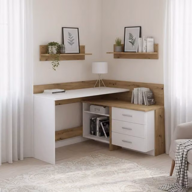 Scrivania DMORA Elsa moderna con cassettiera, tavolo per ufficio e computer in bianco e rovere, L: 130 cm, H: 82 cm, P: 111,6 cm