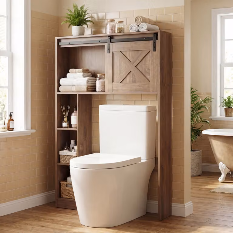 Organizzatore da bagno indipendente Costway con ante scorrevoli e ripiani interni, Armadietto per toilette in legno marrone scuro