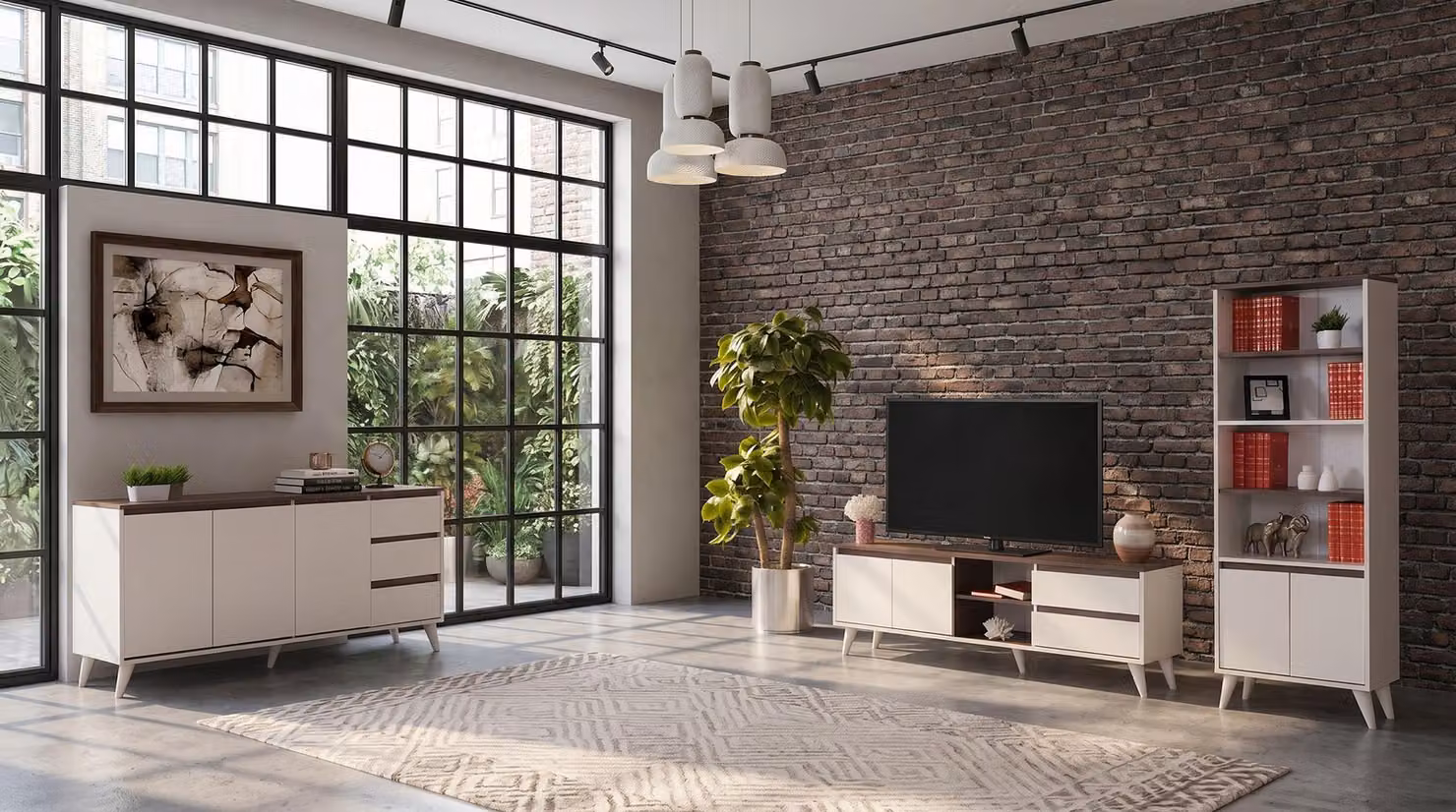 Set di mobili da soggiorno beige-marrone: mobile TV, consolle, libreria, design moderno