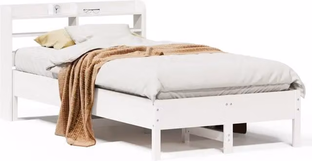 Letto singolo per adulti in legno massello di pino bianco con ripiani laterali L/P/H: 190 x 90 x 100 cm