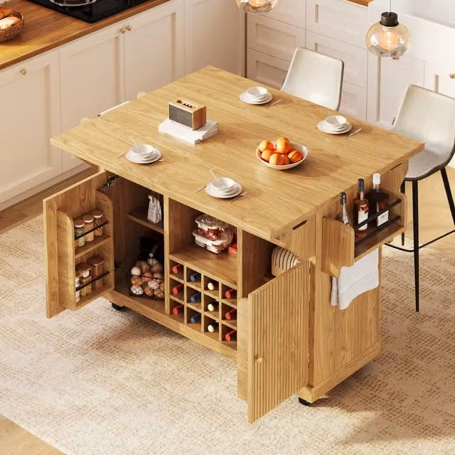 Carrello da cucina con ripiani regolabili e porta bottiglie, per cucina, in MDF, legno naturale, 142.5 × 80 × 95 cm