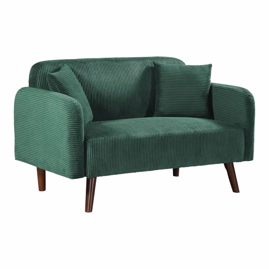 Divano a 2 posti Midt en.casa in velluto a corde verde con braccioli e 2 cuscini L: 132 cm, P: 80,5 cm, H: 70 cm – 2