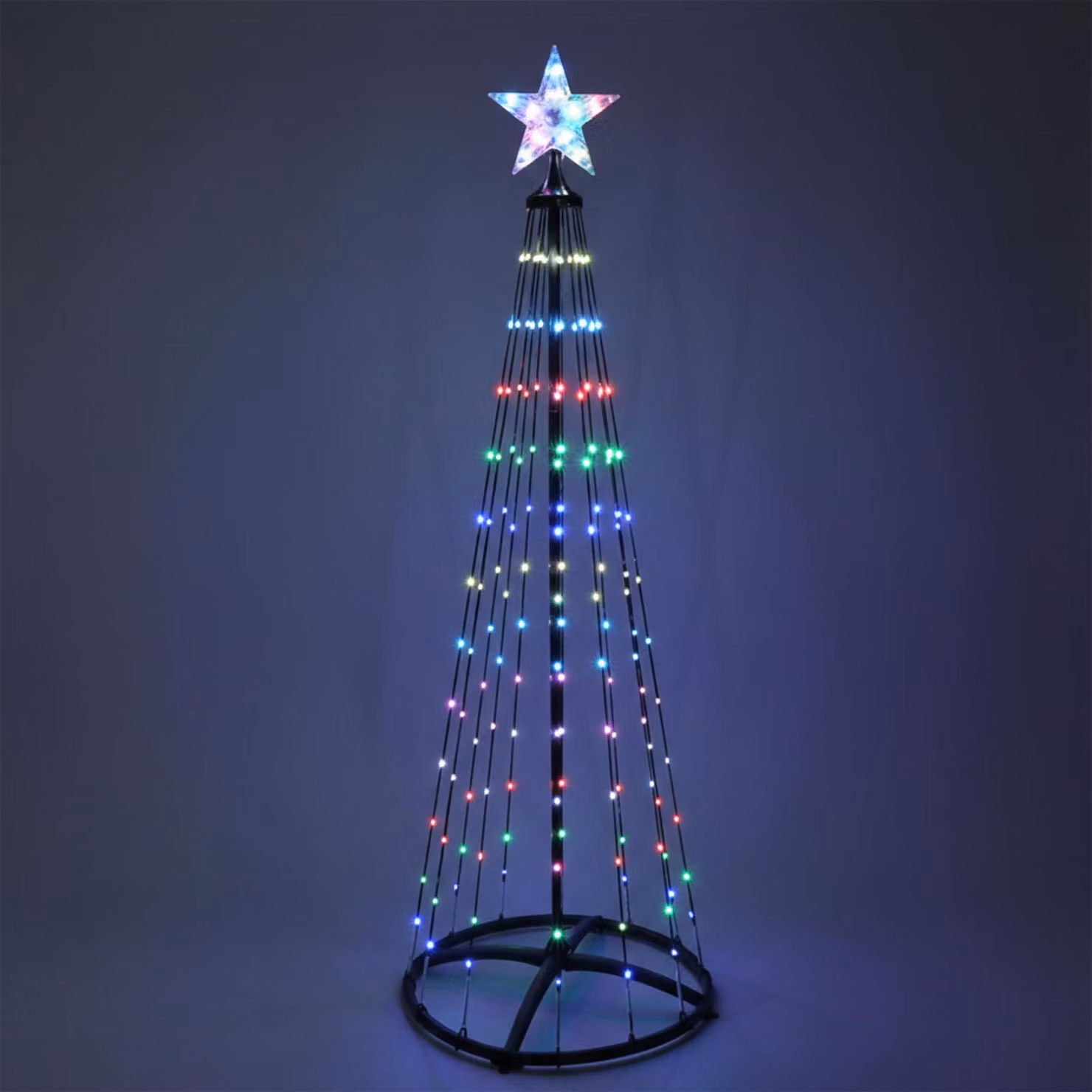Albero di Natale luminoso con punta a stella, altezza 150 cm, per uso esterno, con telecomando e timer - 154 LED - Albero di Natale in metallo nero, multicolor, con cambio di colore