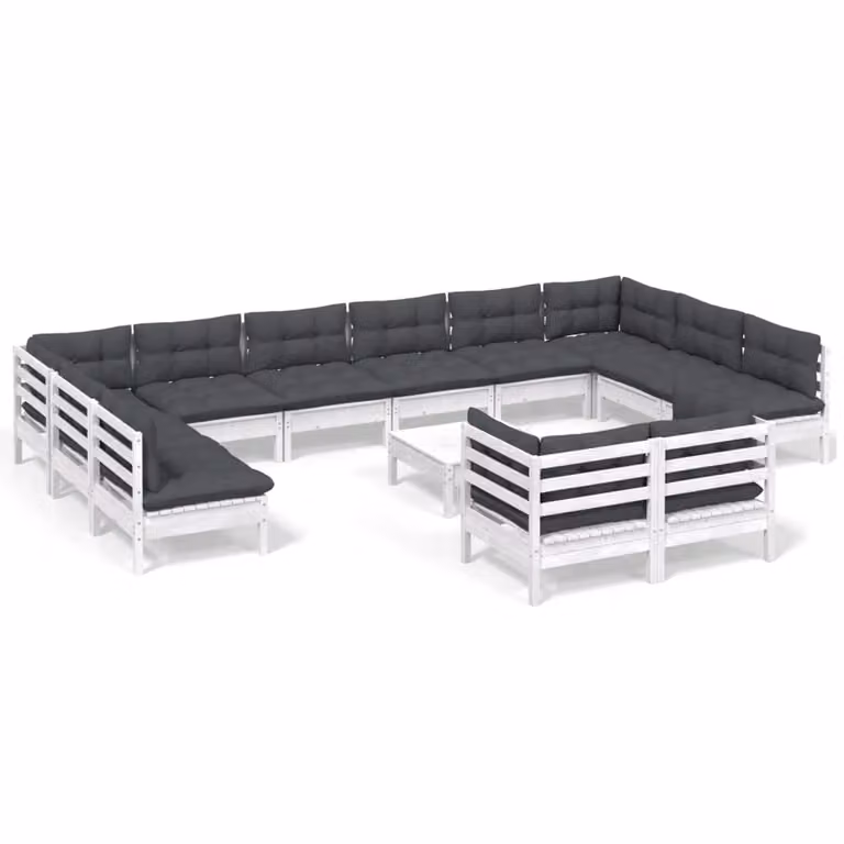 Set Divani da Giardino 13 pz con Cuscini Bianchi Legno di Pino