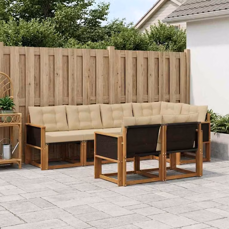 Set di divani da esterno vidaXL 7 pz in legno di acacia e textilene, colore beige e marrone, con cuscini inclusi, design moderno a forma di L per giardino e terrazza