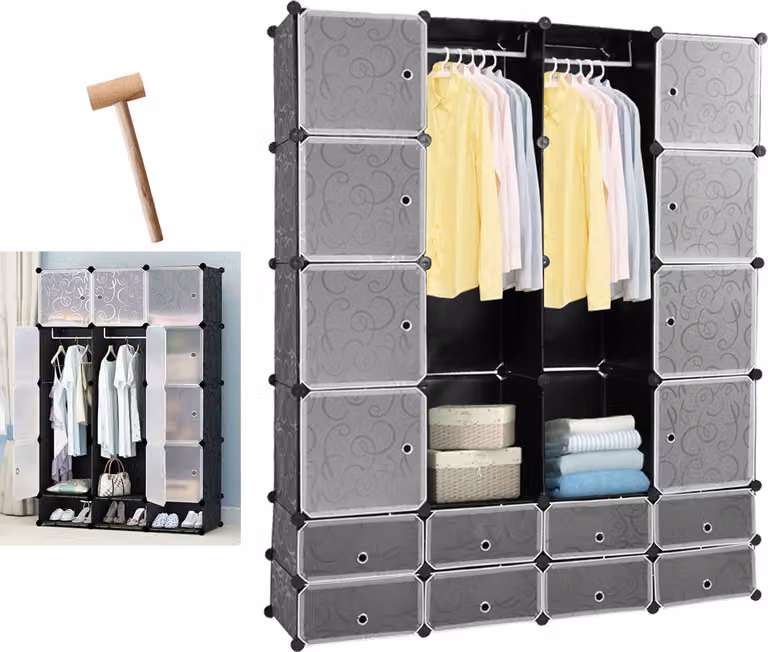 Jopassy 16+8 cubo armadio sistema di scaffalatura fai da te armadi in plastica con porta 180*142*37cm 2 appendiabiti - nero, con stampa