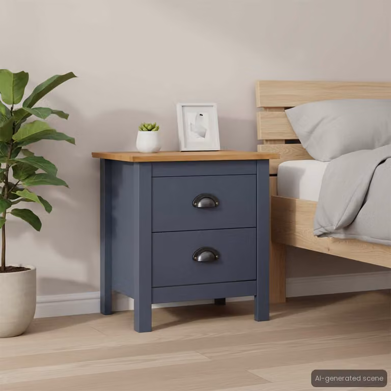Comodino Hill vidaXL in legno massello di pino, Grigio, L 46 cm x P 35 cm x H 49,5 cm