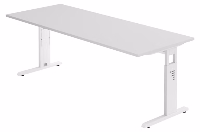 Scrivania della serie "O" di bümö: finitura grigia, struttura bianca, dimensioni 200 x 80 cm