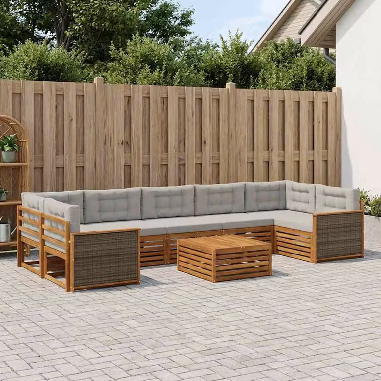 Set di divani da esterno vidaXL 8 pz in legno di acacia con cuscini, colore beige e grigio, forma a U con tavolino da giardino