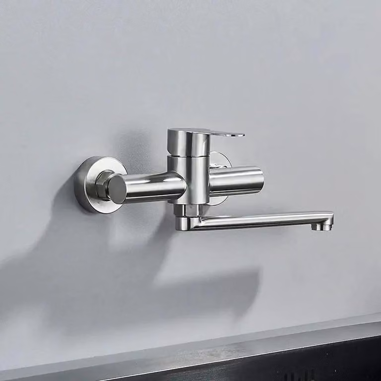 Rubinetteria per cucina e lavabo - Miscelatore da parete modello MT-RQ - Attacco a 2 fori - Acqua calda e fredda - Bocchetta girevole a 360° - Ottone - Nichel