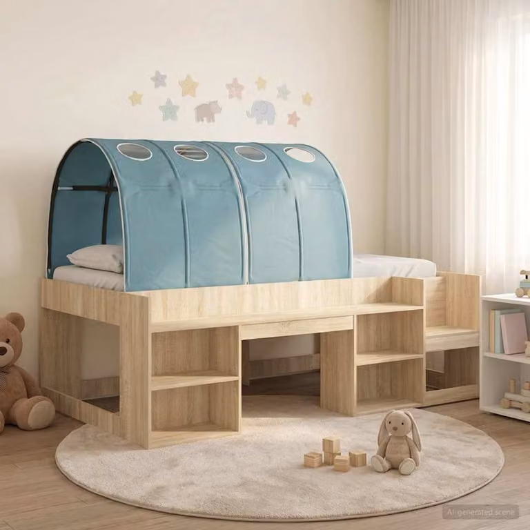 Letto per bambini vidaXL con tunnel e scaffale, Rovere Sonoma e Azzurro, L: 203 cm, P: 120 cm, H: 108,5 cm