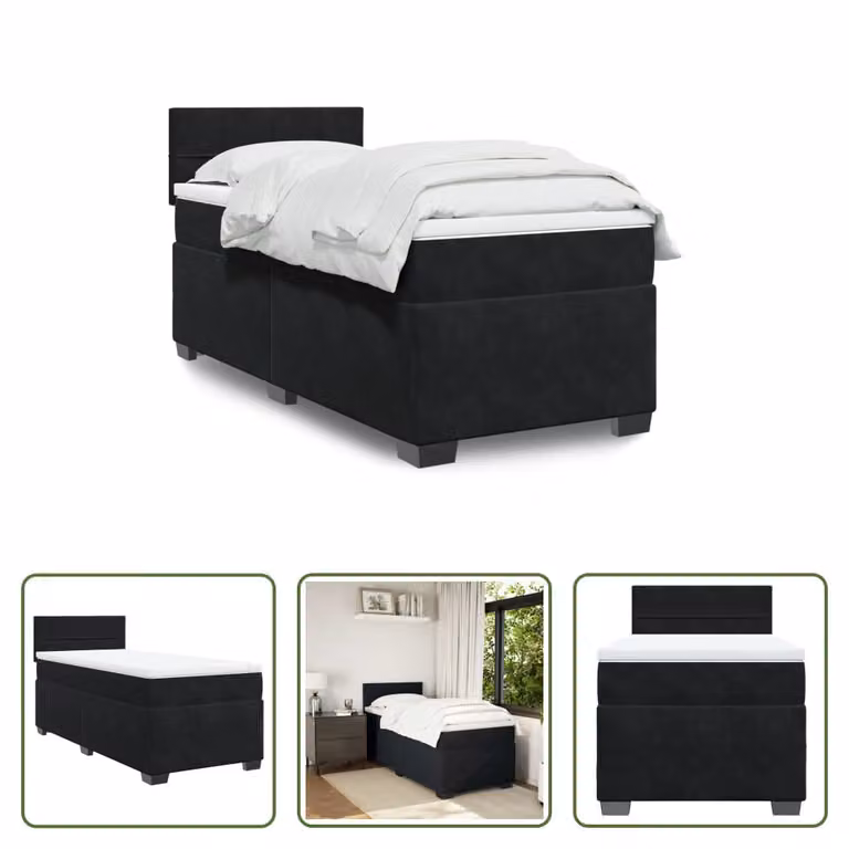 The Living Store Letto a molle con materasso nero 80x200 cm in velluto