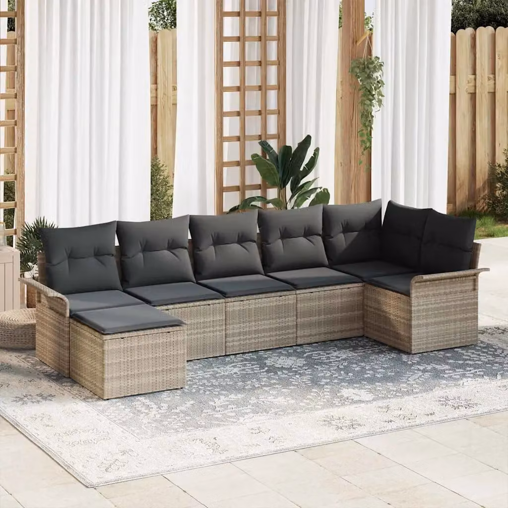 Set Divano da Giardino a L vidaXL in Polyrattan Grigio con Cuscini e Tavolino da 7 Pezzi – 1