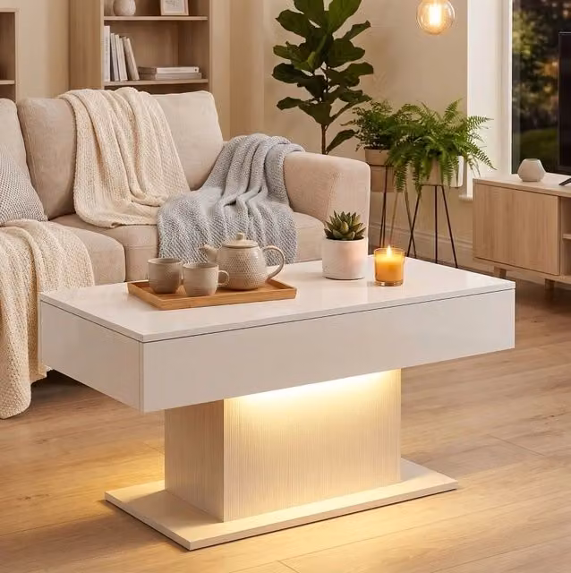 Tavolino da salotto ULEVR con LED RGB, 2 cassetti senza maniglie e telecomando, bianco lucido