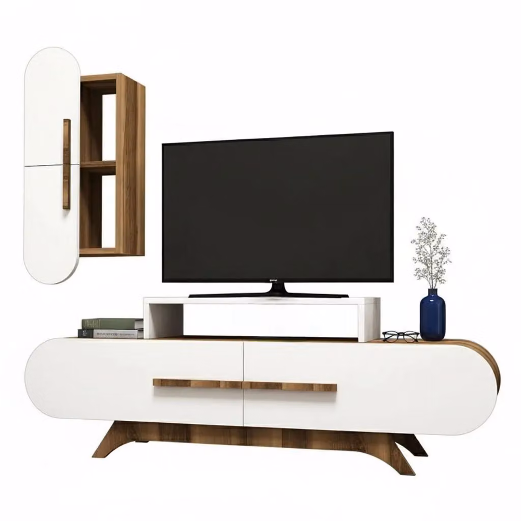 Parete attrezzata DMORA Ifigenia per soggiorno, composizione moderna con mobile basso, armadio porta TV e mensole, Noce e Bianco, L: 145 cm, H: 37 cm, P: 50 cm – 2