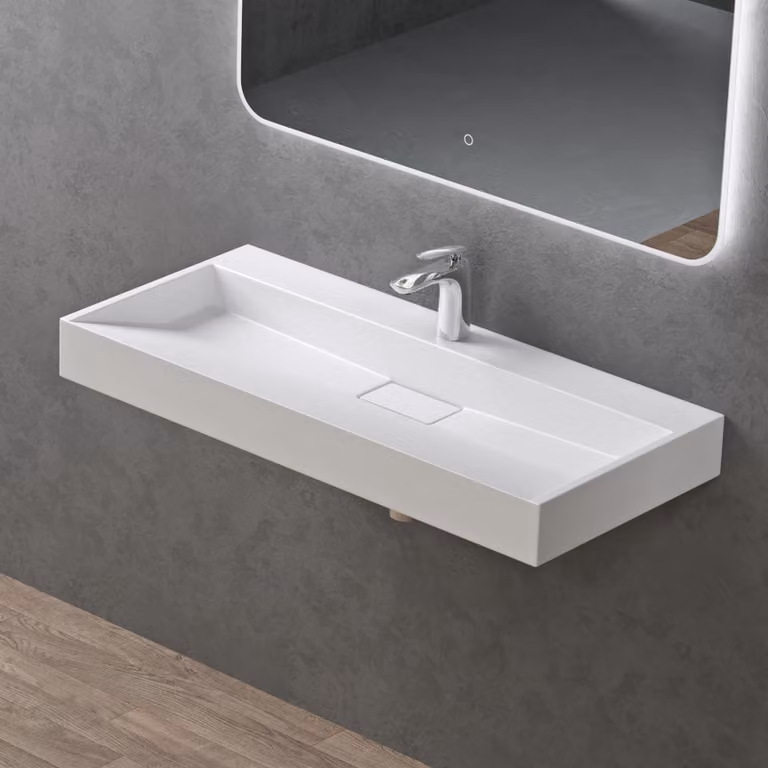doporro Lavabo da Appoggio Bagno Sospeso Lavandino Rettangolare in Marmoresina con Piletta di Scarico Inclusa Colossum19, 100x46x11 cm Bianco Opaco Monoforo