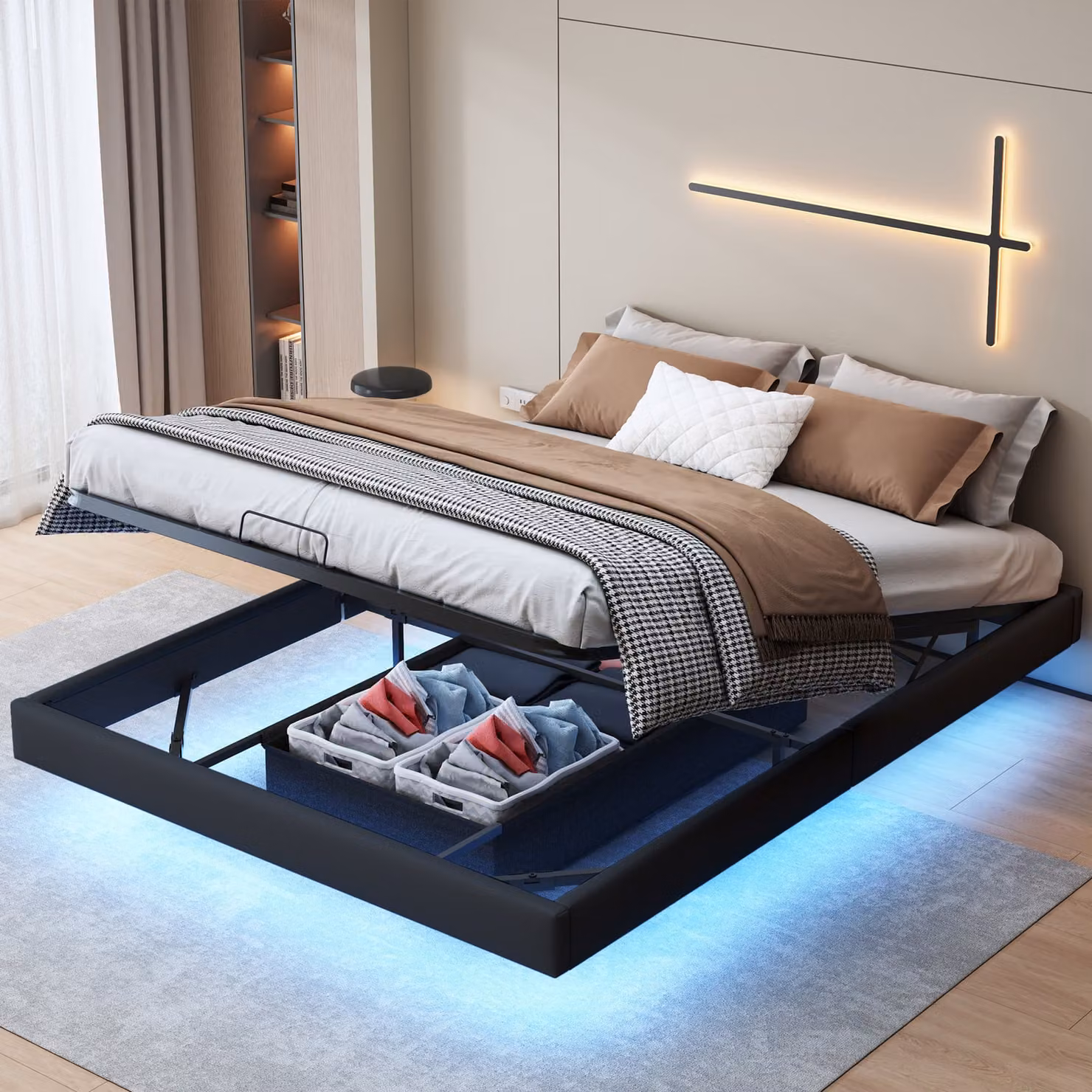 Letto matrimoniale ProximaX 160x200cm con LED, rivestimento in lino, rete e doghe, ripiano idraulico, letto matrimoniale, montaggio facile, beige
