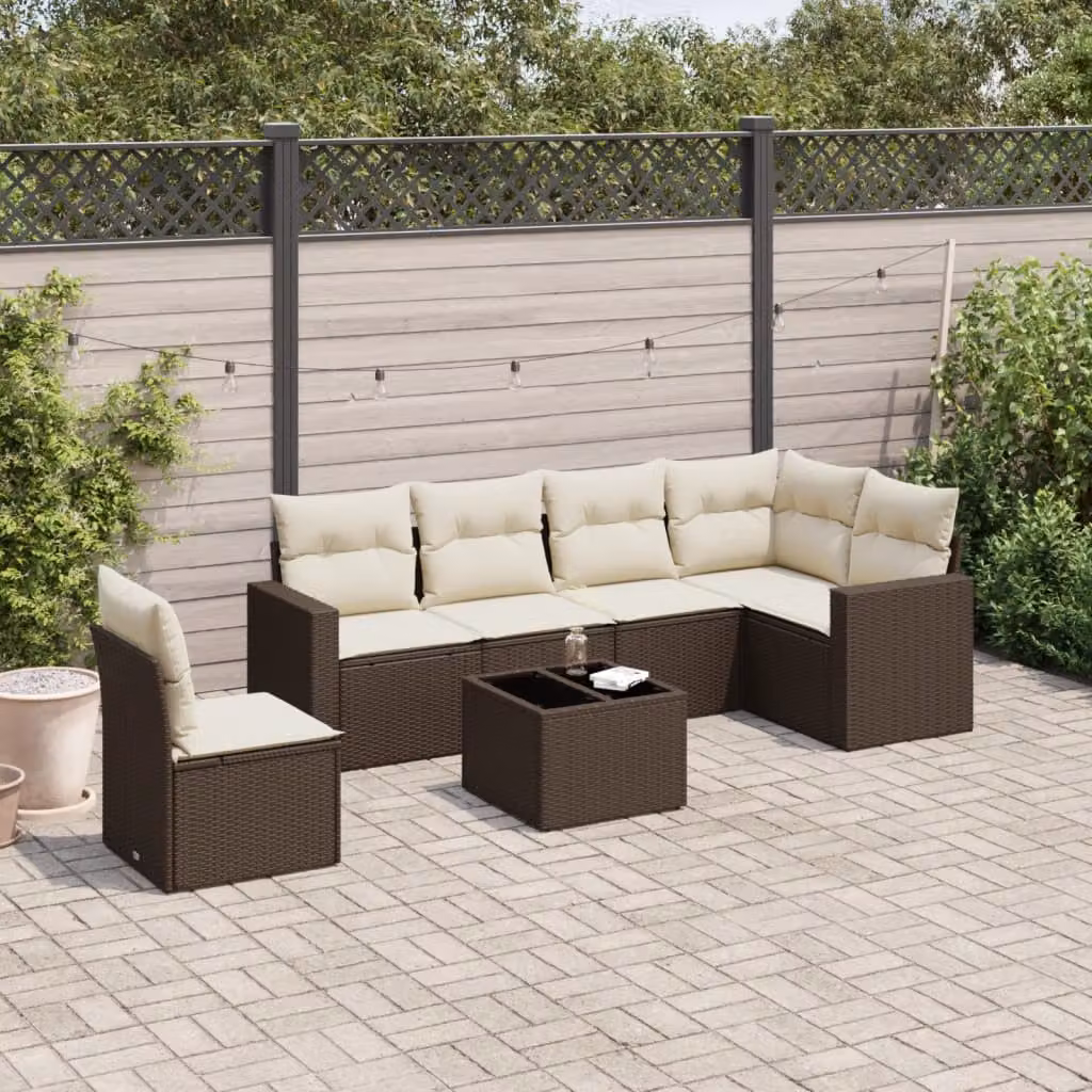 Set di divani da giardino vidaXL 7 pz a forma di L in polyrattan marrone con cuscini bianchi e tavolino da esterno – 1