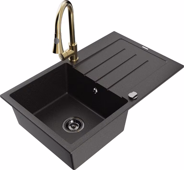 Mexen Bruno lavello in granito a 1 vasca con scolapiatti e rubinetto da cucina Elia, nero/oro metallizzato - 6513-75-670101-50-B