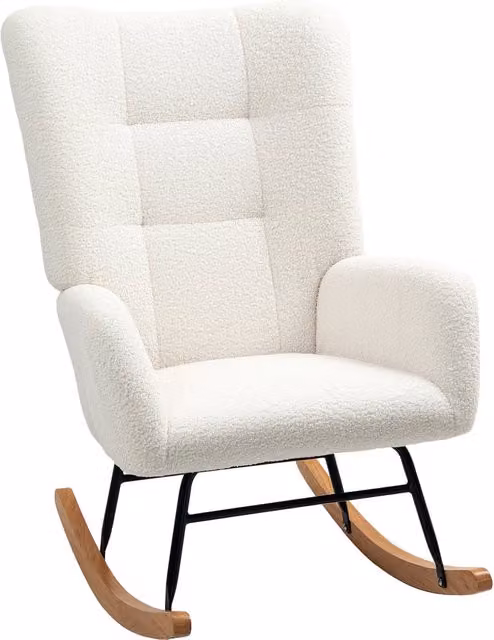 Sedia a Dondolo in Velluto Teddy, Metallo e Legno per Camera da Letto e Soggiorno, 70x94x100 cm, Bianco Crema