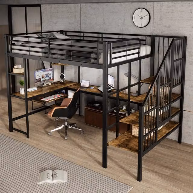 Letto a soppalco 120×200 cm 1 posto con scrivania, porta di ricarica e scala angolare, senza materasso