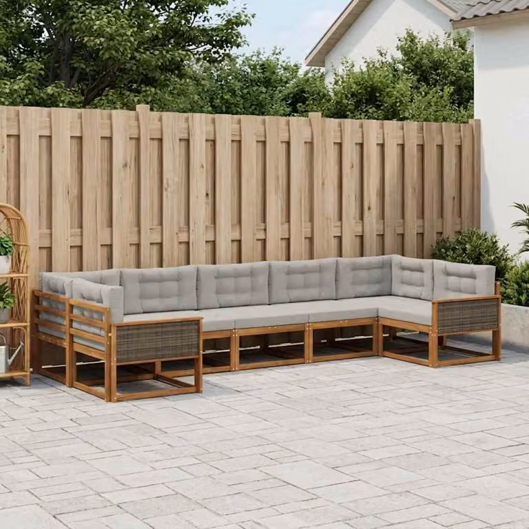 vidaXL Set di divani da esterno a L in legno di acacia con cuscini, 7 pezzi, Marrone e Grigio