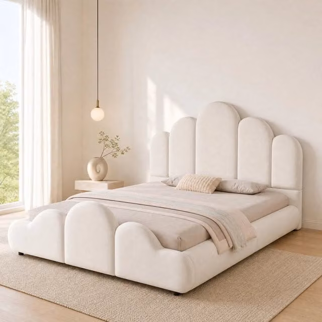Letto imbottito beige 140x200 cm in velluto con rete inclusa