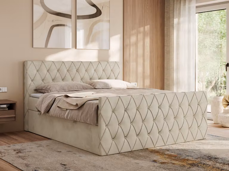 Letto boxspring MKS MEBLE 180x200 con contenitore, letto 180x200 con materasso H4, letto boxspring 180x200 con topper - Miren Duo - Beige Velvet - H4
