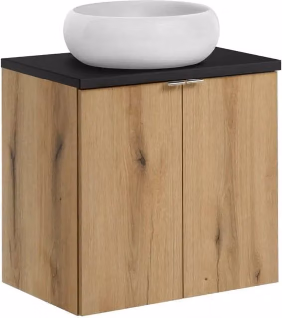 Set VANO effetto rovere e nero 60cm: mobile sottolavabo con armadietti + piano per lavabo + lavabo da appoggio tondo bianco