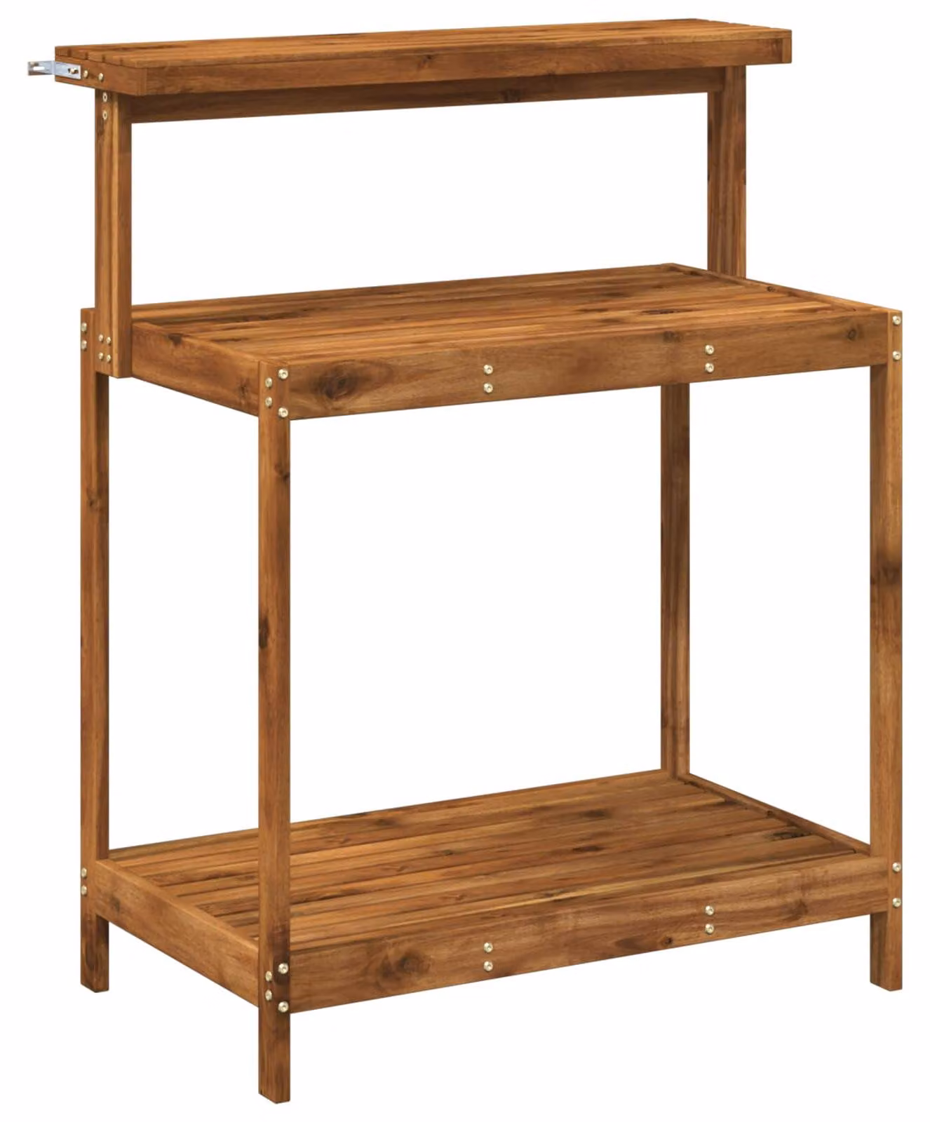 Banca da esterno con vaso integrato, dimensioni 86,5 x 48,5 x 106 cm, realizzata in legno massello di acacia, finitura naturale