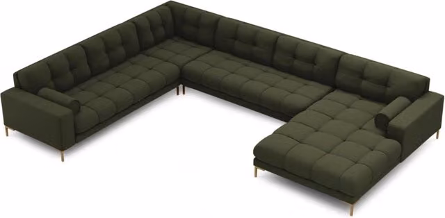 Divano panoramico sinistro Bali di Cosmopolitan Design, 7 posti, in tessuto strutturato verde e oro, design moderno a L – 1