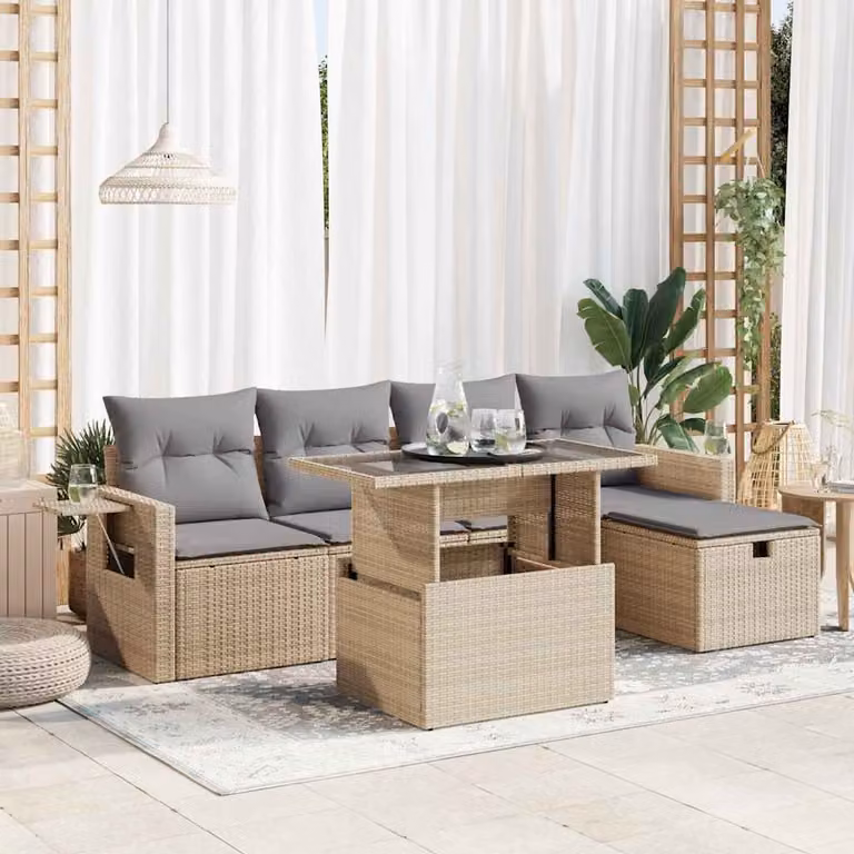 Set Divano da Giardino vidaXL 6 pz in Polyrattan con Cuscini Beige e Tavolino da Esterno