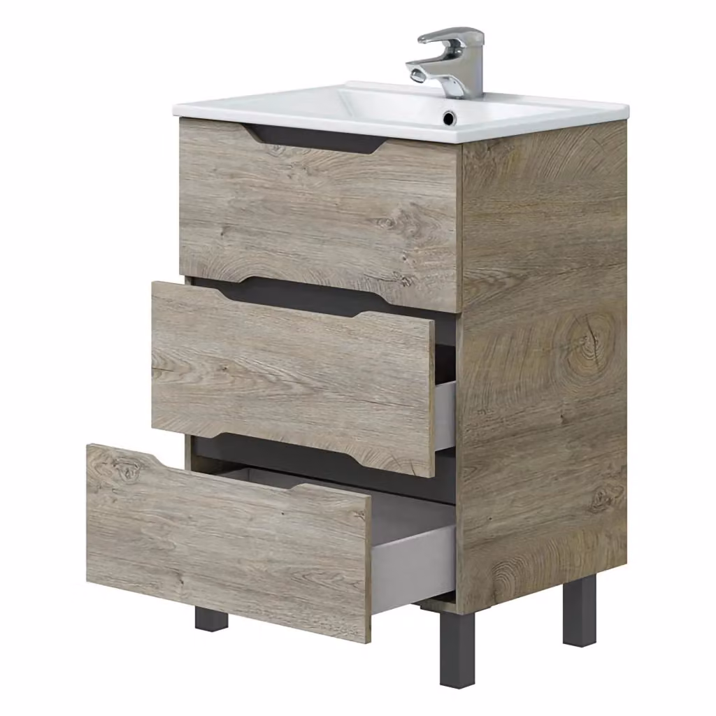 DMORA Mobile Sottolavabo Moderno con Cassetti e Ante Soft-Close, Rovere Marrone e Grigio, L: 60 cm, P: 45 cm, H: 86 cm – 2