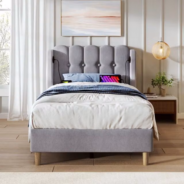 Letto Singolo Imbottito con Rete a Doghe e USB ¨C MINIMAL ¨C Grigio, Tessuto Lino, 90x200
